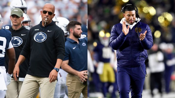Penn State’s James Franklin, left, and Notre Dame’s Marcus Freeman will face off in the Orange Bowl for a spot in the CFP title game.