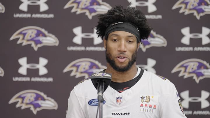 Baltimore Ravens cornerback Marlon Humphrey speaks to media on June 18, 2025.