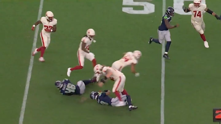 The Seahawks intercepted a pass from Kyler Murray in the first quarter but fumbled the return. The Seahawks intercepted a pass from Kyler Murray in the first quarter but fumbled the return.