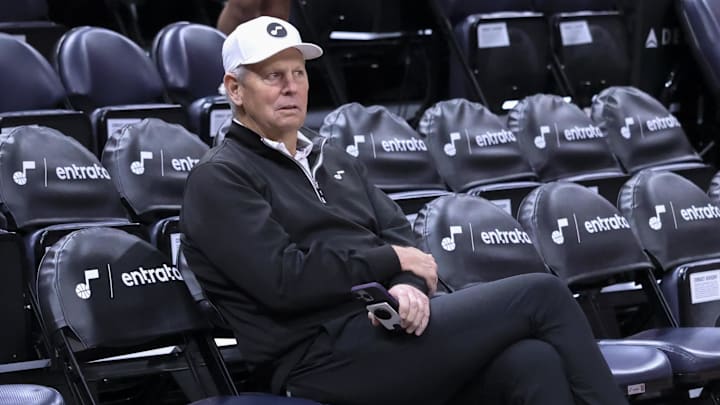 Apr 2, 2024; Salt Lake City, Utah, USA; Utah Jazz CEO Danny Ainge looks on before the game against the Cleveland Cavaliers at Delta Center. Mandatory Credit: Rob Gray-Imagn Images