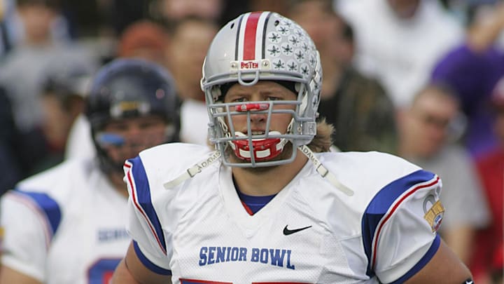 Former Ohio State Buckeyes Legend And All-Pro New York Jets Center Nick Mangold at the 2006 Senior Bowl. Mandatory Credit: Photo by John David Mercer-Imagn Images Copyright (c) 2006 John David Mercer Former Ohio State Buckeyes Legend And All-Pro New York Jets Center Nick Mangold at the 2006 Senior Bowl. Mandatory Credit: Photo by John David Mercer-Imagn Images Copyright (c) 2006 John David Mercer