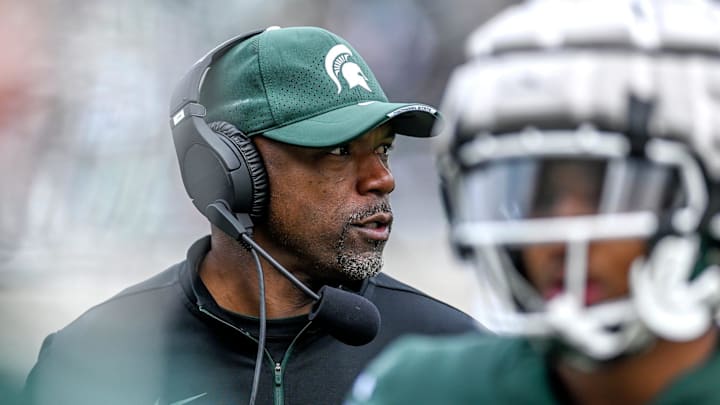 Michigan State's wide receivers coach Courtney Hawkins looks on during the spring game on Saturday, April 16, 2022, at Spartan Stadium in East Lansing.