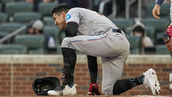 Miami Marlins left fielder Avisail Garcia reacts after striking out Miami Marlins left fielder Avisail Garcia reacts after striking out