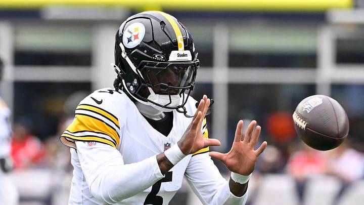 September 20, 2026; Foxborough, Massachusetts, USA; Pittsburgh Steelers cornerback Jalen Ramsey (5) warms up before a game against the New England Patriots at Gillette Stadium. Mandatory Credit: Eric Canha-Imagn Images