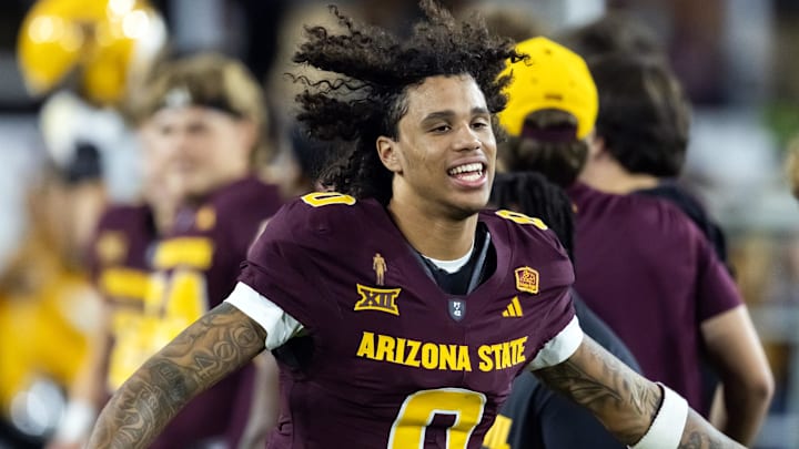 Nov 28, 2025; Tempe, Arizona, USA; Arizona State Sun Devils wide receiver Jordyn Tyson (0) against the Arizona Wildcats during the 99th Territorial Cup at Mountain America Stadium. Mandatory Credit: Mark J. Rebilas-Imagn Images Nov 28, 2025; Tempe, Arizona, USA; Arizona State Sun Devils wide receiver Jordyn Tyson (0) against the Arizona Wildcats during the 99th Territorial Cup at Mountain America Stadium. Mandatory Credit: Mark J. Rebilas-Imagn Images