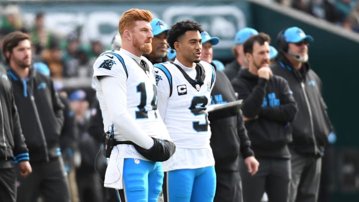 Dec 8, 2024; Philadelphia, Pennsylvania, USA; Carolina Panthers quarterback Andy Dalton (14) and quarterback Bryce Young (9) against the Philadelphia Eagles at Lincoln Financial Field. Mandatory Credit: Eric Hartline-Imagn Images Dec 8, 2024; Philadelphia, Pennsylvania, USA; Carolina Panthers quarterback Andy Dalton (14) and quarterback Bryce Young (9) against the Philadelphia Eagles at Lincoln Financial Field. Mandatory Credit: Eric Hartline-Imagn Images