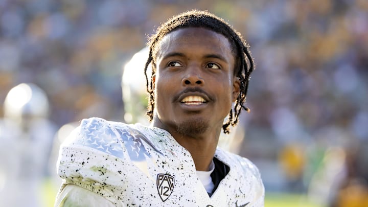 Nov 18, 2023; Tempe, Arizona, USA; Oregon Ducks defensive back Khyree Jackson (5) against the Arizona State Sun Devils at Mountain America Stadium. Mandatory Credit: Mark J. Rebilas-Imagn Images Nov 18, 2023; Tempe, Arizona, USA; Oregon Ducks defensive back Khyree Jackson (5) against the Arizona State Sun Devils at Mountain America Stadium. Mandatory Credit: Mark J. Rebilas-Imagn Images