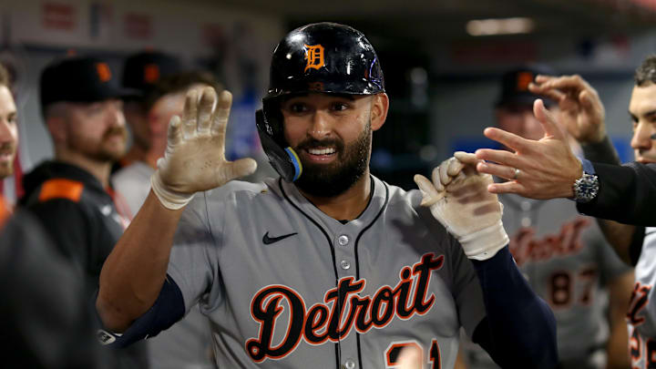 Detroit Tigers outfielder Greene celebrates with teammates after hitting a home run during the ninth inning against the Los Angeles Angels.