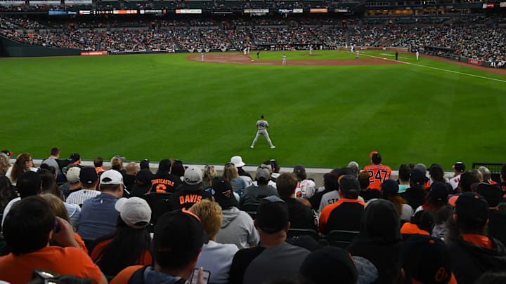 Apr 15, 2022; Baltimore, Maryland, USA;  New York Yankees left fielder Joey Gallo (42) stands in the left field during the third inning of the game against the Baltimore Orioles at Oriole Park at Camden Yards