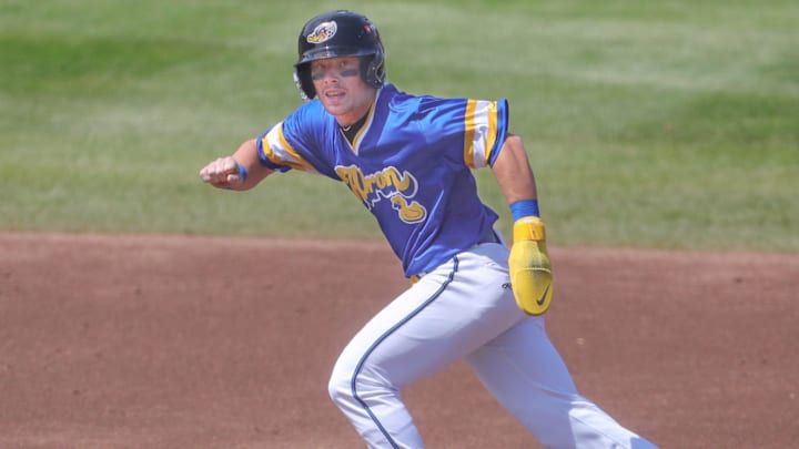 RubberDucks baserunner Travis Bazzana takes off for third base against the Altoona Curve on April 13, 2025, in Akron, Ohio. RubberDucks baserunner Travis Bazzana takes off for third base against the Altoona Curve on April 13, 2025, in Akron, Ohio.