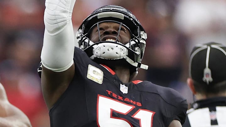 Nov 24, 2024; Houston, Texas, USA;Houston Texans defensive end Will Anderson Jr. (51) celebrates his sack against Tennessee Titans quarterback Will Levis (8) (not pictured)  in the fourth quarter at NRG Stadium. Mandatory Credit: Thomas Shea-Imagn Images