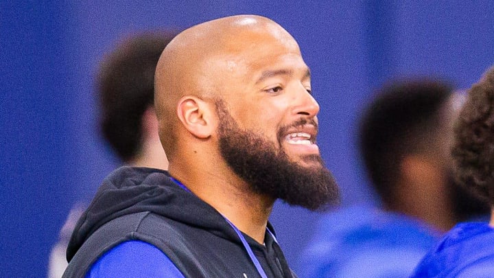 New Florida offensive line coach Jonathan Decoster runs blocking drills during Florida Gators’ last open Spring football practice before the Orange and Blue Game at Sanders Practice Fields in Gainesville, FL on Tuesday, April 9, 2024. [Doug Engle/Gainesville Sun]