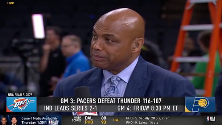 Charles Barkley discusses Game 3 of the 2025 NBA Finals at Gainbridge Fieldhouse. Charles Barkley discusses Game 3 of the 2025 NBA Finals at Gainbridge Fieldhouse.