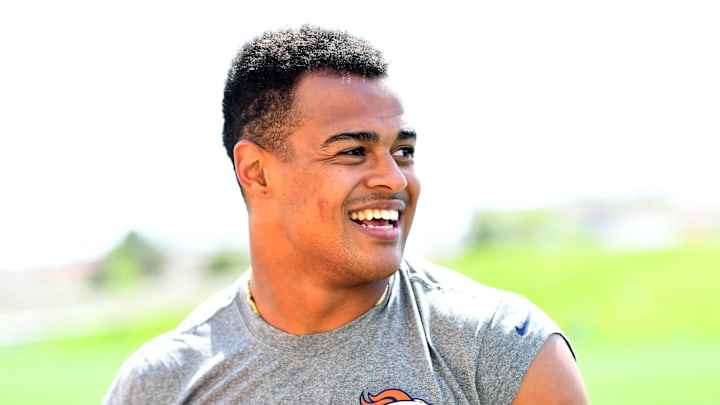 Jun 4, 2019; Denver, CO, USA; Denver Broncos tight end Noah Fant (87) reacts following mini camp drills at the Pat Bowlen Fieldhouse at UCHealth Training Center. Mandatory Credit: Ron Chenoy-Imagn Images Jun 4, 2019; Denver, CO, USA; Denver Broncos tight end Noah Fant (87) reacts following mini camp drills at the Pat Bowlen Fieldhouse at UCHealth Training Center. Mandatory Credit: Ron Chenoy-Imagn Images