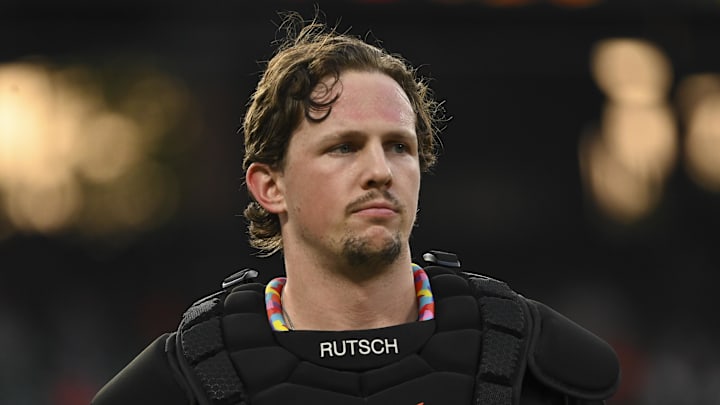 Aug 14, 2024; Baltimore, Maryland, USA; Baltimore Orioles catcher Adley Rutschman (35) stands on the field during the middle of the third inning against the Washington Nationals  at Oriole Park at Camden Yards. Mandatory Credit: Tommy Gilligan-Imagn Images