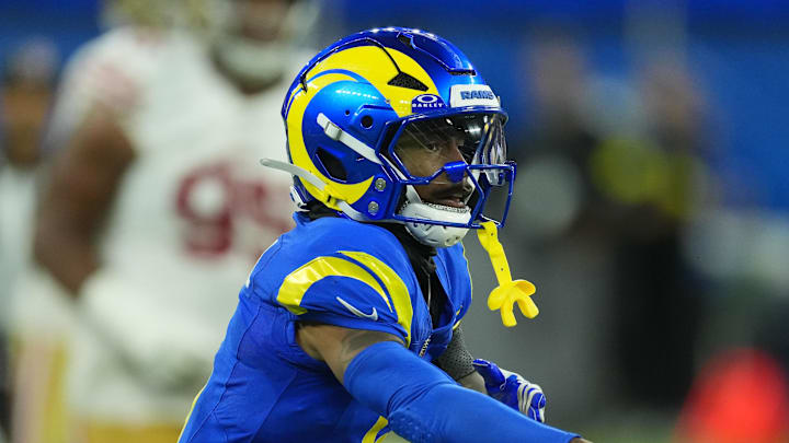 Oct 2, 2025; Inglewood, California, USA; Los Angeles Rams wide receiver Tutu Atwell (5) reacts against the San Francisco 49ers during the second half at SoFi Stadium. Mandatory Credit: Kirby Lee-Imagn Images