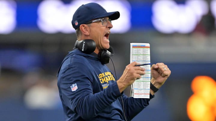 Nov 30, 2025; Inglewood, California, USA; Los Angeles Chargers head coach Jim Harbaugh reacts during the second half at SoFi Stadium. Mandatory Credit: Jayne Kamin-Oncea-Imagn Images