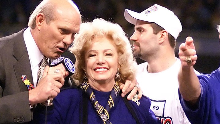 Jan 23, 2000; St. Louis, MO, USA: St. Louis Rams owner Georgia Frontiere (center) is interviewed by Terry Bradshaw (left) after the Rams defeat the Tampa Bay Buccaneers in the NFC Championship game as head coach Dick Vermeil (right) and quarterback Kurt Warner (rear) celebrate. The Rams won 11-6. Mandatory Credit: Scott Rovak-Imagn Images Jan 23, 2000; St. Louis, MO, USA: St. Louis Rams owner Georgia Frontiere (center) is interviewed by Terry Bradshaw (left) after the Rams defeat the Tampa Bay Buccaneers in the NFC Championship game as head coach Dick Vermeil (right) and quarterback Kurt Warner (rear) celebrate. The Rams won 11-6. Mandatory Credit: Scott Rovak-Imagn Images