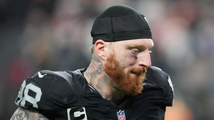 Dec 7, 2025; Paradise, Nevada, USA;  Las Vegas Raiders defensive end Maxx Crosby (98) leaves the field following a game against the Denver Broncos at Allegiant Stadium. Mandatory Credit: Stephen R. Sylvanie-Imagn Images