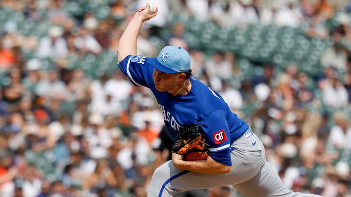 Jul 26, 2026; Detroit, Michigan, USA;  Kansas City Royals pitcher Nate Pearson (61) pitches in the seventh inning against the Detroit Tigers at Comerica Park. Mandatory Credit: Rick Osentoski-Imagn Images