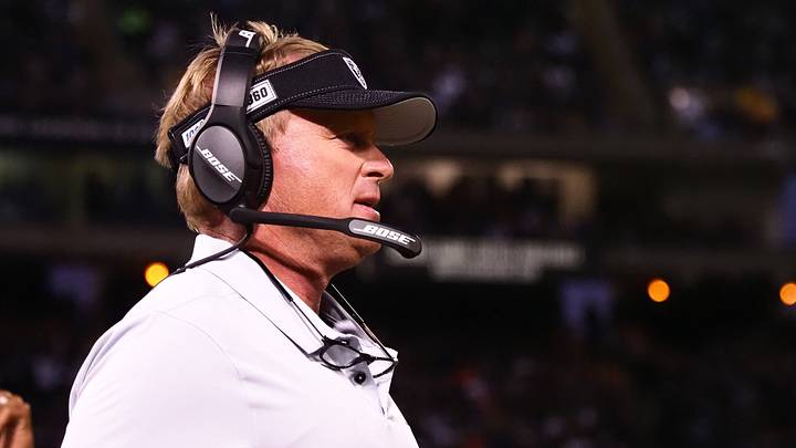 Sep 9, 2019; Oakland, CA, USA; Oakland Raiders head coach Jon Gruden on the sideline during the first quarter against the Denver Broncos at Oakland Coliseum. Mandatory Credit: Kelley L Cox-USA TODAY Sports