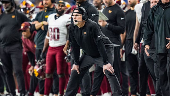 Washington Commanders head coach Dan Quinn on the sideline in the first half against the Detroit Lions in the NFC divisional round at Ford Field in Detroit on Saturday, Jan. 18, 2025.