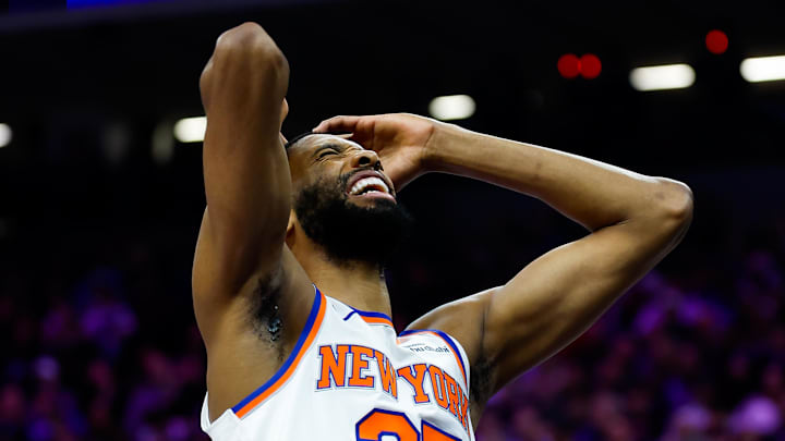 Jan 14, 2026; Sacramento, California, USA; New York Knicks guard Mikal Bridges (25) reacts after getting called for a foul during the third quarter against the Sacramento Kings at Golden 1 Center. Mandatory Credit: Sergio Estrada-Imagn Images