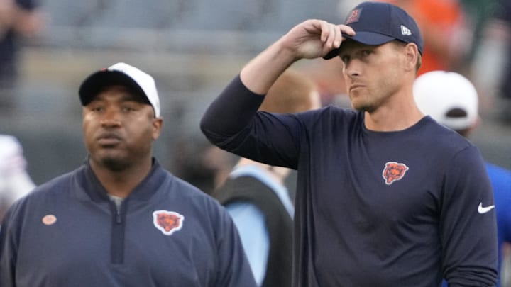 Chicago Bears head coach Ben Johnson on the field before a game against the Buffalo Bills at Soldier Field.