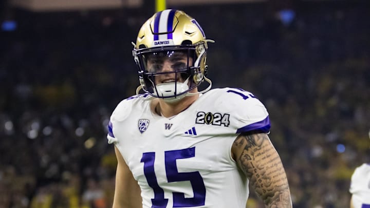 Jan 8, 2024; Houston, TX, USA; Washington Huskies edge Zach Durfee (15) against the Michigan Wolverines during the 2024 College Football Playoff national championship game at NRG Stadium. Mandatory Credit: Mark J. Rebilas-Imagn Images