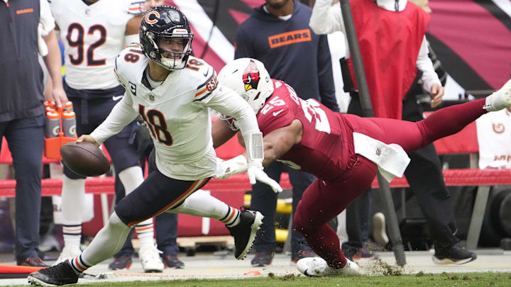 Cardinals linebacker Zaven Collins pressures Caleb Williams in the 29-9 Arizona win. Cardinals linebacker Zaven Collins pressures Caleb Williams in the 29-9 Arizona win.
