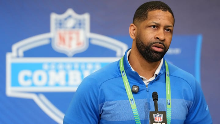 Feb 24, 2026; Indianapolis, IN, USA; Cleveland Browns general manager Andrew Berry speaks at the NFL Scouting Combine at the Indiana Convention Center. Mandatory Credit: Kirby Lee-Imagn Images