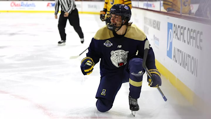 Alaska senior forward Alexander Malinowski celebrates a goal as the Nanooks upset No. 8 Quinnipiac at the Icebreaker Hockey Tournament in Arizona. Alaska senior forward Alexander Malinowski celebrates a goal as the Nanooks upset No. 8 Quinnipiac at the Icebreaker Hockey Tournament in Arizona.