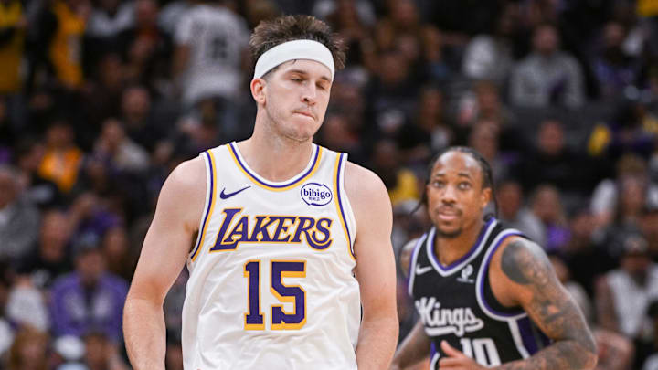 Oct 26, 2025; Sacramento, California, USA; Los Angeles Lakers guard Austin Reaves (15) reacts after making a three point shot against the Sacramento Kings during the fourth quarter at Golden 1 Center.