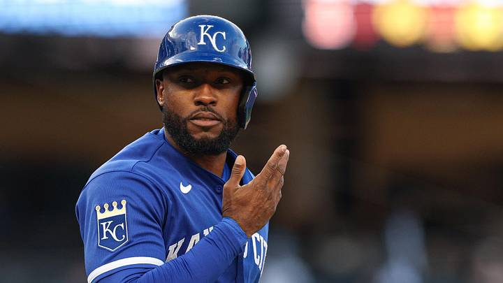Apr 19, 2026; Bronx, New York, USA; Kansas City Royals left fielder Starling Marte (0) reacts after being hit by a pitch during the ninth inning against the New York Yankees at Yankee Stadium. Mandatory Credit: Vincent Carchietta-Imagn Images