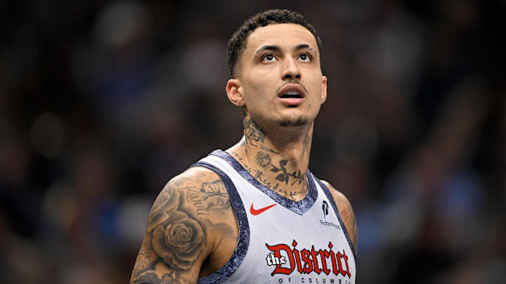 Jan 27, 2025; Dallas, Texas, USA; Washington Wizards forward Kyle Kuzma (33) looks on during the first quarter against the Dallas Mavericks at the American Airlines Center. Mandatory Credit: Jerome Miron-Imagn Images