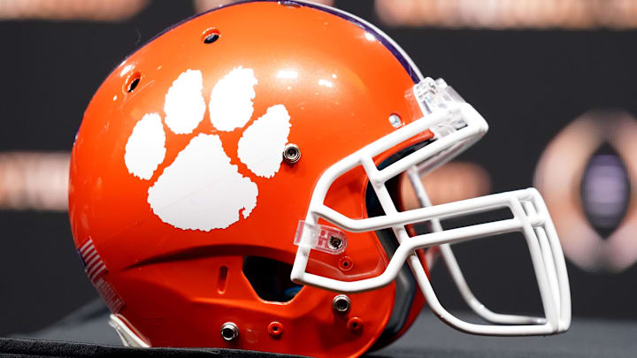 Jan 12, 2020; New Orleans, Louisiana, USA; A Clemson Tigers helmet on display before the head coaches press conference for the CFP with LSU Tigers head coach Ed Orgeron and Clemson Tigers head coach Dabo Swinney at the Sheraton New Orleans, Grand Ballroom. Mandatory Credit: John David Mercer-Imagn Images
