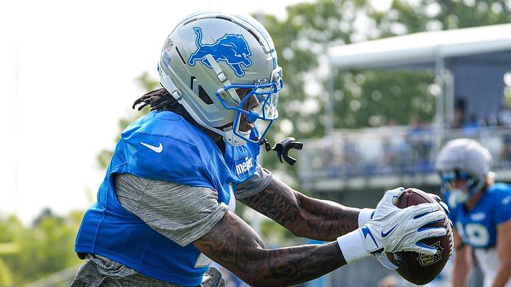 Detroit Lions wide receiver Jameson Williams (1) practicing during training camp Detroit Lions wide receiver Jameson Williams (1) practicing during training camp