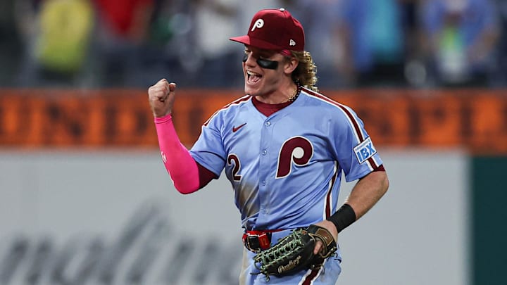Sep 25, 2025; Philadelphia, Pennsylvania, USA; Philadelphia Phillies outfielder Harrison Bader (2) reacts as he runs off the field after a victory against the Miami Marlins at Citizens Bank Park. Mandatory Credit: Bill Streicher-Imagn Images Sep 25, 2025; Philadelphia, Pennsylvania, USA; Philadelphia Phillies outfielder Harrison Bader (2) reacts as he runs off the field after a victory against the Miami Marlins at Citizens Bank Park. Mandatory Credit: Bill Streicher-Imagn Images