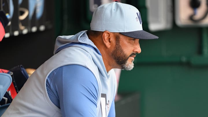 Mar 29, 2025; Washington, District of Columbia, USA; Washington Nationals manager Dave Martinez looks on during the ninth inning against the Philadelphia Phillies at Nationals Park