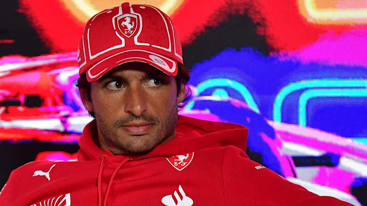 Nov 15, 2023; Las Vegas, Nevada, USA; Scuderia Ferrari driver Carlos Sainz Jr. of Spain during media availabilities at Las Vegas Strip Circuit. Mandatory Credit: Gary A. Vasquez-USA TODAY Sports