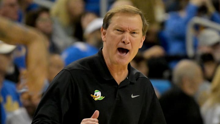 Dec 6, 2025; Los Angeles, California, USA; Oregon Ducks head coach Dana Altman reacts during the first half against the UCLA Bruins at Pauley Pavilion presented by Wescom Financial. Mandatory Credit: Jayne Kamin-Oncea-Imagn Images Dec 6, 2025; Los Angeles, California, USA; Oregon Ducks head coach Dana Altman reacts during the first half against the UCLA Bruins at Pauley Pavilion presented by Wescom Financial. Mandatory Credit: Jayne Kamin-Oncea-Imagn Images