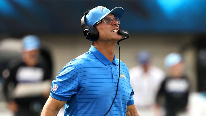 Sep 13, 2026; Inglewood, California, USA;  Los Angeles Chargers head coach Jim Harbaugh reacts after a play against the Arizona Cardinals during the first half at SoFi Stadium.  Mandatory Credit: Kiyoshi Mio-Imagn Images