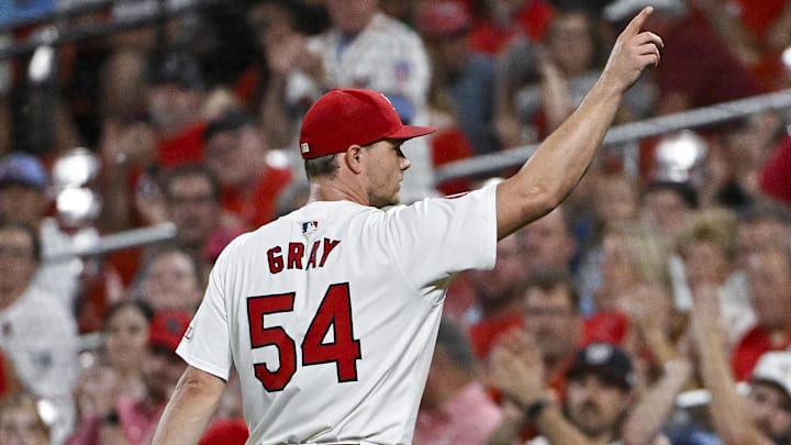 Sep 18, 2024; St. Louis, Missouri, USA; St. Louis Cardinals starting pitcher Sonny Gray (54) points to the crowd as he walks to the dugout after he was removed from the game against the Pittsburgh Pirates during the sixth inning at Busch Stadium Sep 18, 2024; St. Louis, Missouri, USA; St. Louis Cardinals starting pitcher Sonny Gray (54) points to the crowd as he walks to the dugout after he was removed from the game against the Pittsburgh Pirates during the sixth inning at Busch Stadium