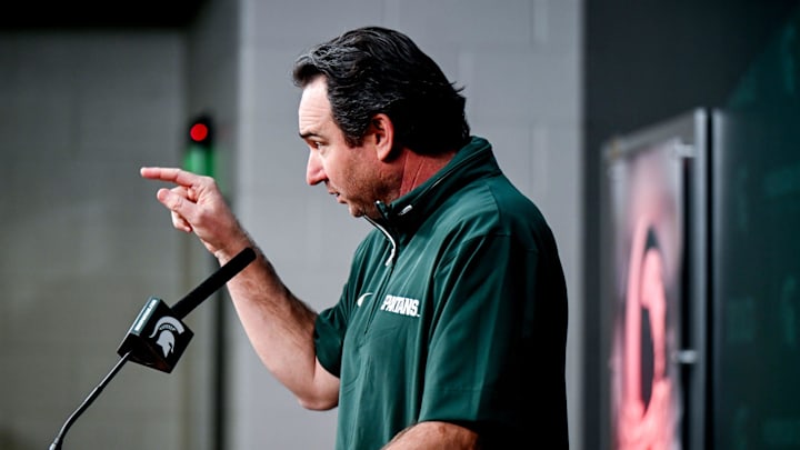 Michigan State coach Jonathan Smith talks the media on the first national signing day for college football recruits Wednesday, Dec. 4, 2024, at Spartan Stadium in East Lansing.