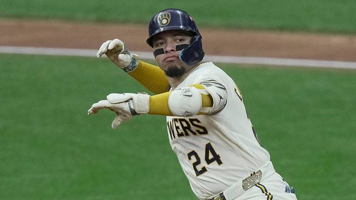 Milwaukee Brewers catcher William Contreras (24) celebrates his home run