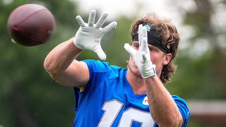 Detroit Lions wide receiver Isaac TeSlaa (18) practices during training camp at team's Allen Park Performance Center Detroit Lions wide receiver Isaac TeSlaa (18) practices during training camp at team's Allen Park Performance Center