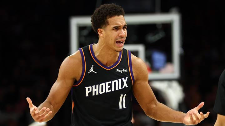 Apr 27, 2026; Phoenix, Arizona, USA; Phoenix Suns forward Oso Ighodaro (11) argues with NBA referee Tony Brothers against the Oklahoma City Thunder during game four of the first round of the 2026 NBA Playoffs at Mortgage Matchup Center. Mandatory Credit: Mark J. Rebilas-Imagn Images