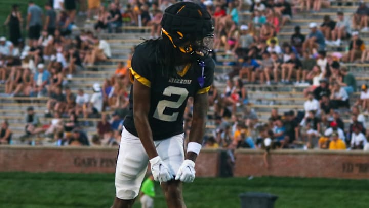 Aug. 17, 2024: Columbia, Missouri; Missouri Tigers wide receiver Marquis Johnson (2) lines up for a drill at the team's annual fan night practice at Faurot Field. 