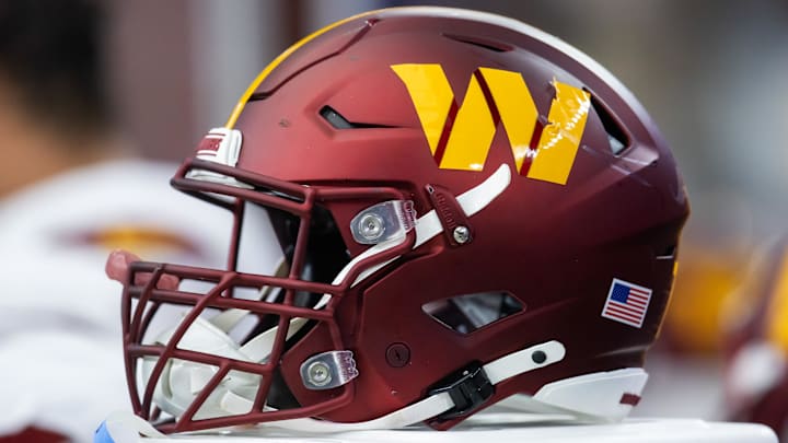 Sep 29, 2024; Glendale, Arizona, USA; Detailed view of a Washington Commanders helmet at State Farm Stadium. Mandatory Credit: Mark J. Rebilas-Imagn Images