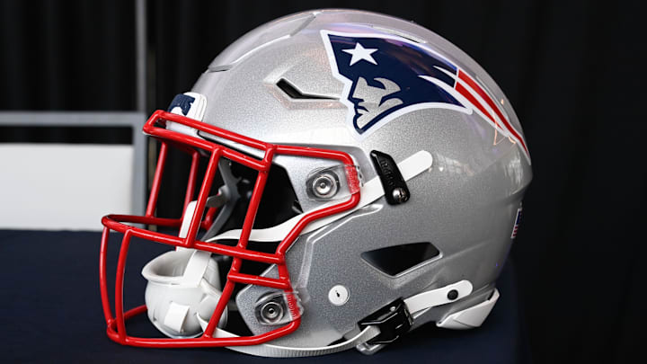 Jan 17, 2024; Foxborough, MA, USA; A New England Patriots helmet sits on a table at Gillette Stadium. Mandatory Credit: Eric Canha-Imagn Images